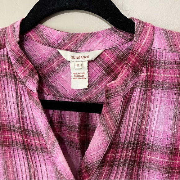 Sundance Pink plaid v neck button down pleated blouse S light dark pink brown - Picture 9 of 10
